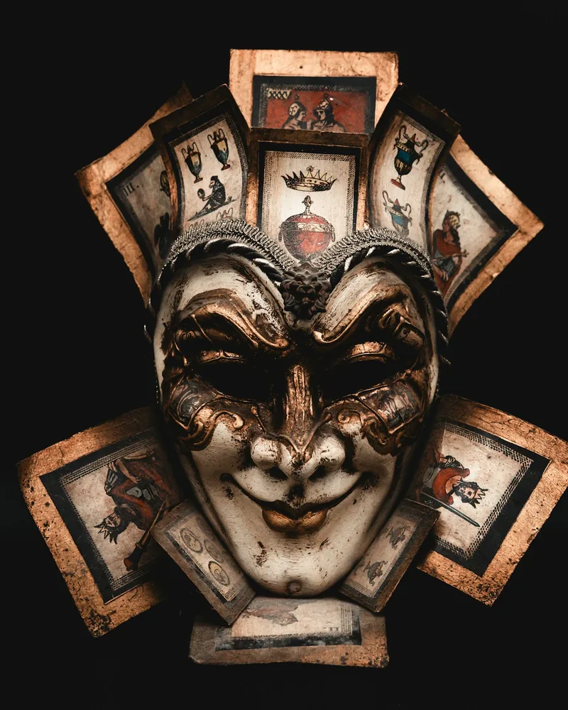 Máscara teatral decorada vista de frente sobre fondo oscuro, con las cuencas de los ojos abiertas y relieve trabajado